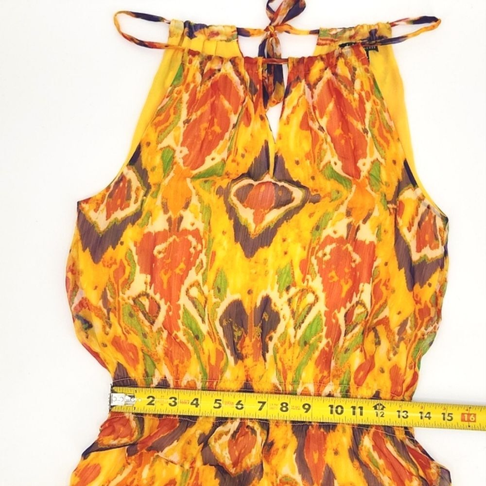 Lauren Ralph Lauren Tribal Ikat Print Yellow Tie-Back Smocked Maxi Dress Women 8 - Picture 8 of 11